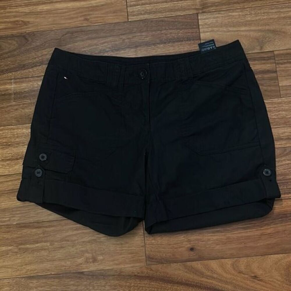 Tommy Hilfiger Womens Black Cotton Mid-Rise Roll Tab Cuff Chino Shorts Size 4